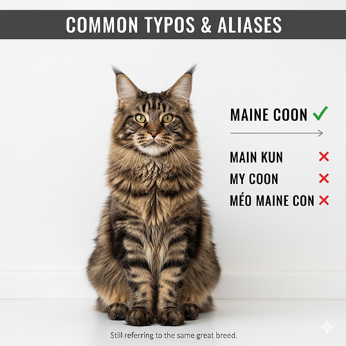 Ảnh mèo Maine Coon với danh sách các cách gọi sai phổ biến như main kun, my coon, mèo maine con.