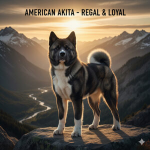 American Akita đứng trên núi trong hoàng hôn, dáng oai vệ và trung thành