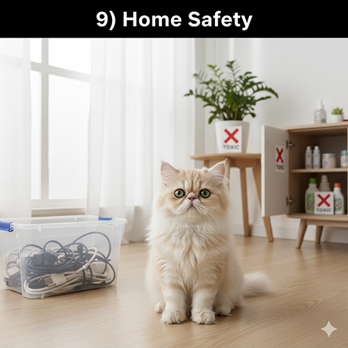 Mèo Ba Tư con ngồi trong phòng khách với các khu vực có cảnh báo độc hại và dây điện được thu gọn để đảm bảo an toàn