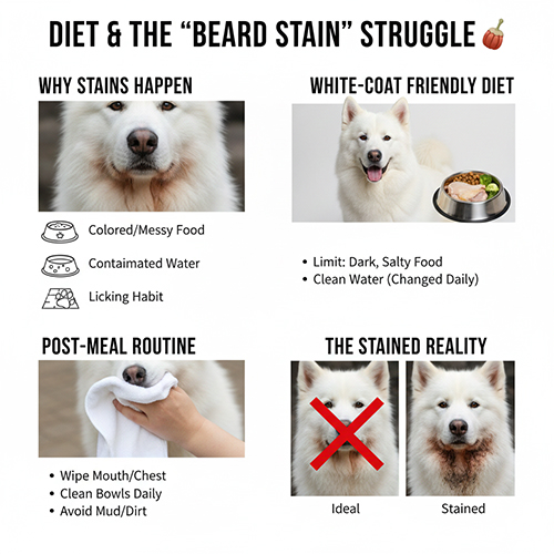 Minh họa chế độ ăn và vệ sinh giúp hạn chế ố râu ở chó Alaska trắng