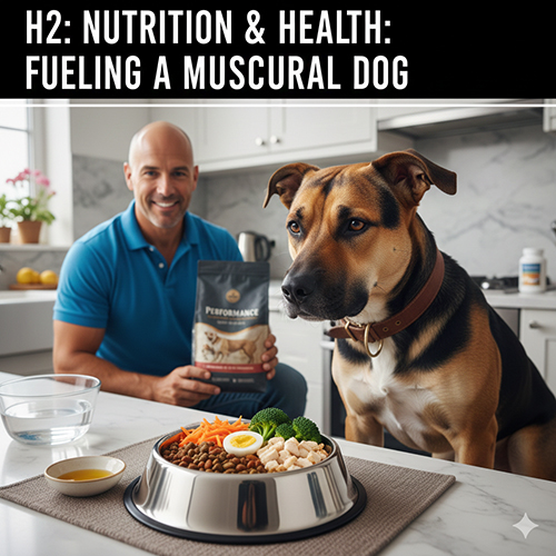 Chó Pitbull lai Becgie ngồi trước tô thức ăn đầy đủ đạm, rau củ và hạt, bên cạnh chủ đang chuẩn bị bữa cho chó