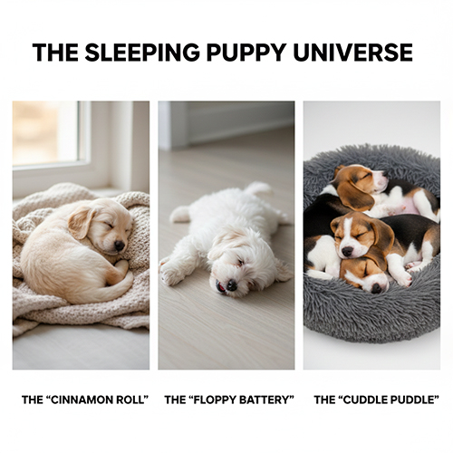 Ảnh chó con khi ngủ với nhiều tư thế đáng yêu như cuộn tròn, nằm xoạc và ngủ ôm nhau