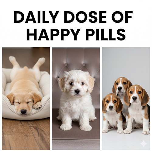 Ảnh chó con ngộ nghĩnh với các tư thế hài hước như ngủ xoạc chân, ngồi ngơ ngác và đứng thành nhóm