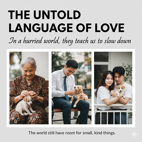 Ảnh chó con bên con người qua nhiều thế hệ, thể hiện sự gắn kết và yêu thương dịu dàng