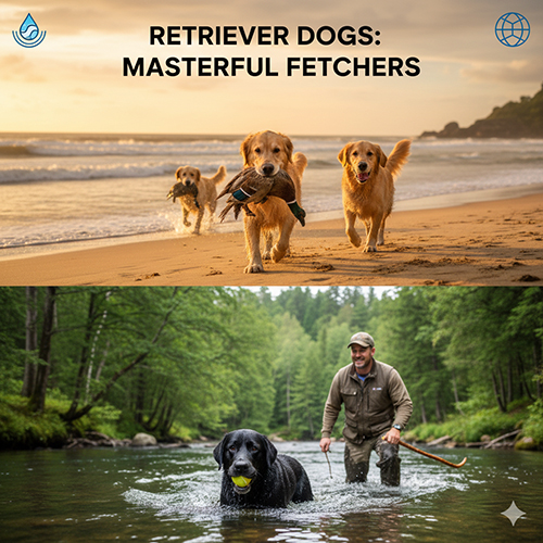 Ảnh đại diện bài viết: Golden Retriever chạy trên bãi biển và Labrador Retriever lội nước tha bóng