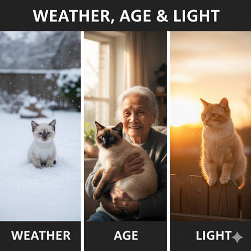 Ba khung ảnh minh họa ảnh hưởng thời tiết, tuổi và ánh sáng đến màu mèo Xiêm: mèo con trong tuyết, mèo trưởng thành trong lòng bà cụ, mèo cam dưới nắng chiều