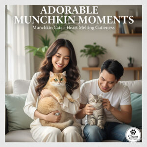 Ảnh đôi bạn trẻ ôm hai mèo Munchkin chân ngắn trong phòng khách sáng, khoảnh khắc gần gũi đáng yêu “tan chảy”, phong cách tối giản, khung vuông.