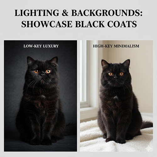 So sánh hai setup ánh sáng low-key và high-key khi chụp mèo Ba Tư đen trong hai khung ảnh cạnh nhau