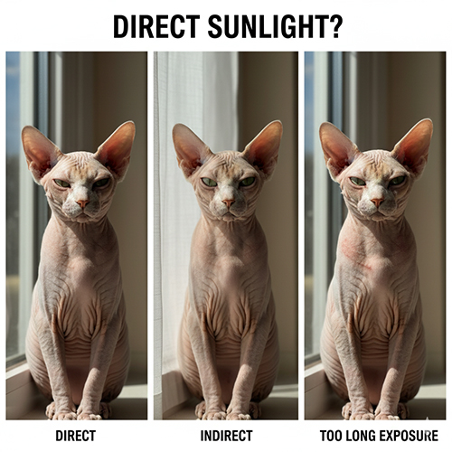 Ba ảnh mèo Sphynx so sánh nắng trực tiếp, nắng gián tiếp và phơi nắng quá lâu bên cửa sổ