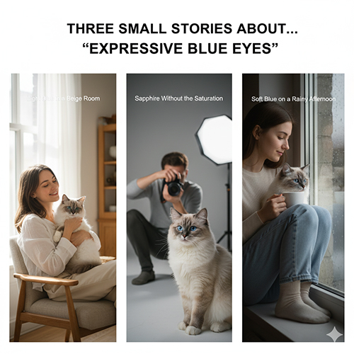 Ba khung cảnh kể chuyện về đôi mắt xanh mèo Ragdoll trong ba bối cảnh ánh sáng khác nhau