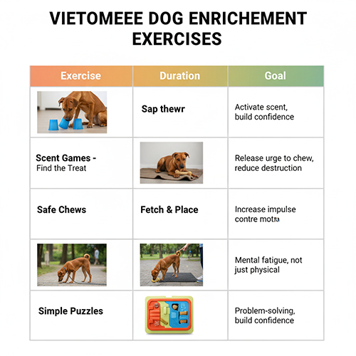 Bảng minh họa các bài tập kích thích trí não cho chó cỏ như tìm mồi, gặm đồ an toàn, puzzle đơn giản và đi dạo đánh hơi, giúp phát triển hành vi tích cực.