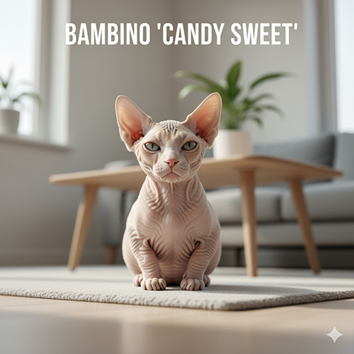 Mèo Sphynx chân ngắn Bambino ngồi trên thảm trong phòng sáng