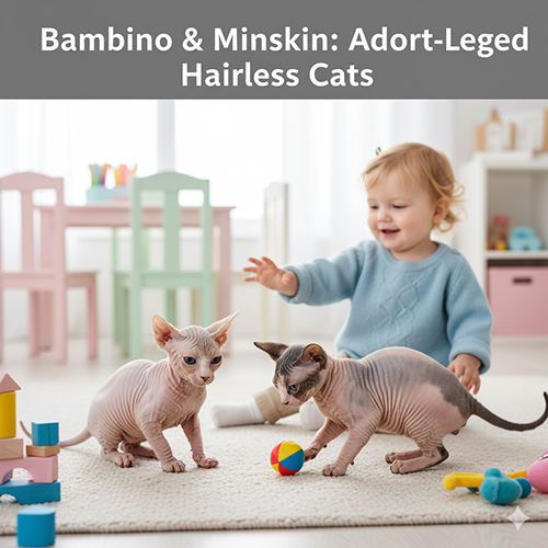 Hai mèo Bambino và Minskin chân ngắn không lông chơi cùng em bé trong phòng sáng, minh họa nhóm mèo lai dễ thương