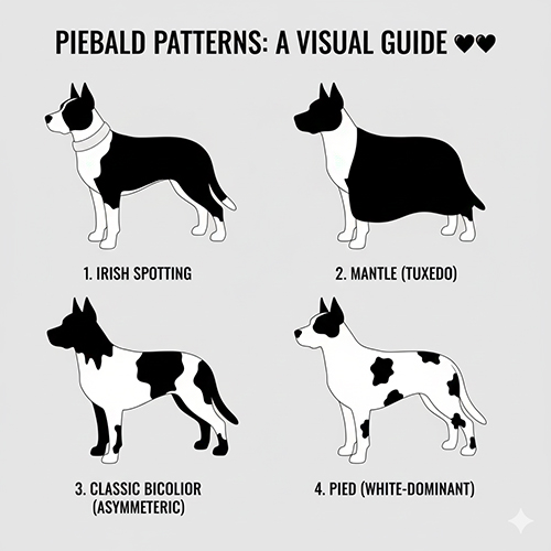 Sơ đồ bố cục chó khoang piebald gồm irish spotting, mantle, bicolor và pied nền trắng