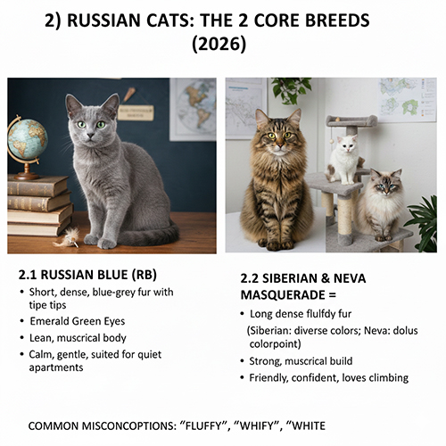 Bản đồ nhanh mèo Nga với hai nhánh cốt lõi Russian Blue và Siberian Neva Masquerade cùng đặc điểm nhận diện