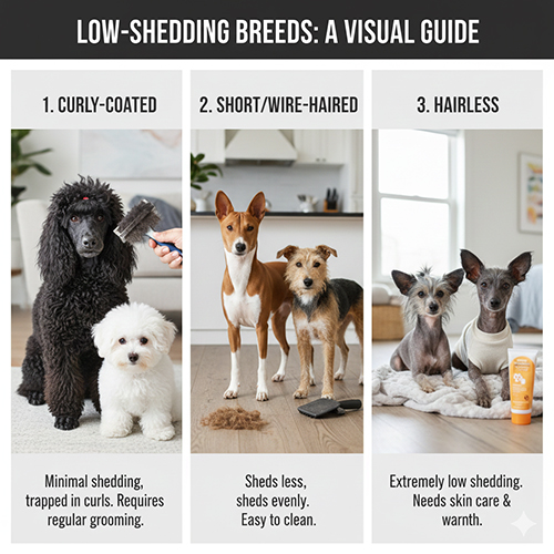 Infographic bản đồ 3 nhóm chó ít rụng lông phổ biến: lông xoăn, lông ngắn/lông cứng và chó không lông