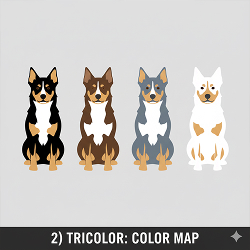 Sơ đồ minh họa bản đồ phân bố ba màu tricolor trên cơ thể chó theo vị trí kinh điển