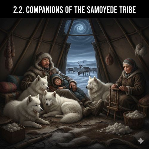 Gia đình bộ tộc Samoyede bên trong lều tuyết với nhiều chó Samoyed nằm quây quần