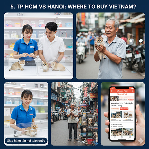 Bộ ảnh so sánh kênh mua mèo Munchkin tại TP.HCM và Hà Nội: shop trực tiếp, chợ thú cưng, giao hàng toàn quốc và kênh Shopee Mall chính chủ