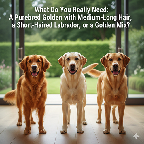 Ba chú chó gồm Golden thuần lông trung bình, Labrador lông ngắn và chó Golden lai đứng cạnh nhau trong phòng khách, minh họa lựa chọn giữa các kiểu chó vàng phổ biến