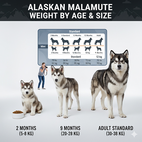 Bảng cân nặng chó Alaska theo độ tuổi và từng size từ bé 2 tháng đến trưởng thành