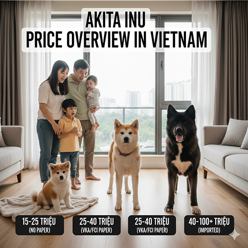 Bảng giá chó Akita Inu tại Việt Nam với hình minh họa các mức giá theo nguồn gốc và giấy tờ