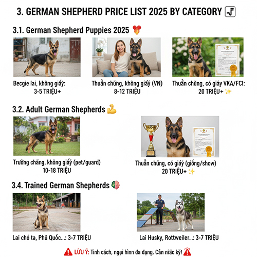 bảng giá chó Becgie Đức 2025 theo từng nhóm: chó con, trưởng thành, đã huấn luyện, chó lai
