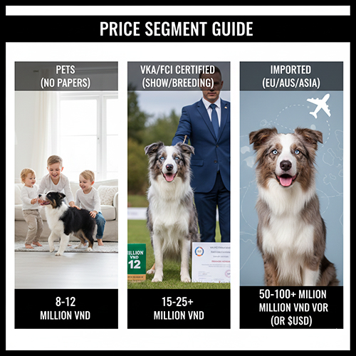 Bảng giá chó Border Collie theo phân khúc: pet không giấy, thuần chủng có giấy VKA/FCI và Collie nhập khẩu