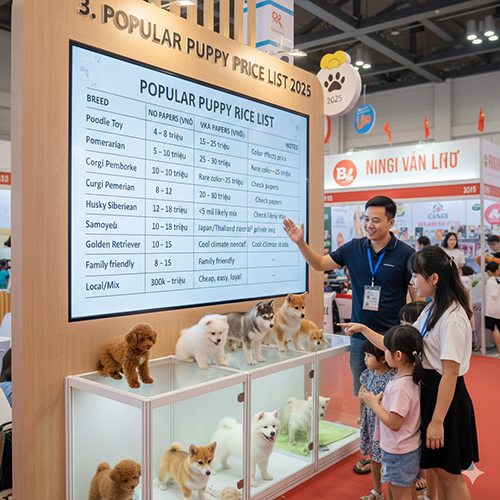 Bảng giá chó con theo từng giống phổ biến, kèm mức giá không giấy và có giấy VKA