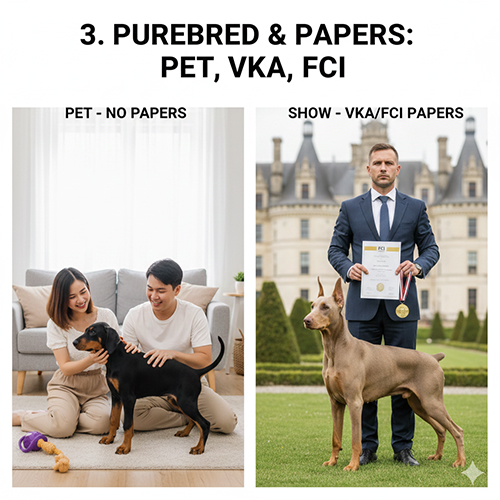 Ảnh minh họa bảng giá chó Doberman 2025 theo phân khúc pet không giấy, VKA và FCI