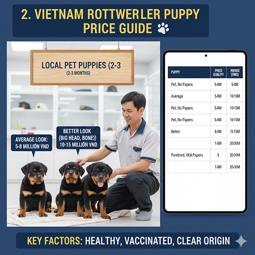 Bảng giá chó Rottweiler con sinh tại Việt Nam, phân khúc pet không giấy và có giấy