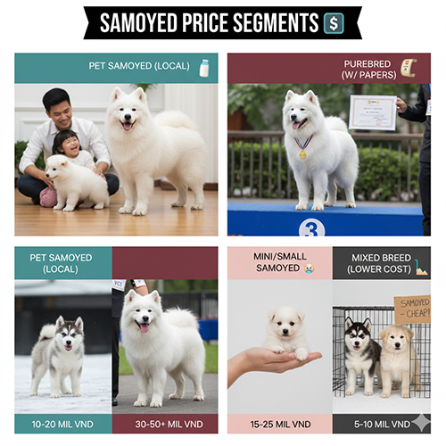 Bảng giá chó Samoyed theo từng phân khúc: pet, thuần chủng có giấy, Samoyed nhỏ và Samoyed lai