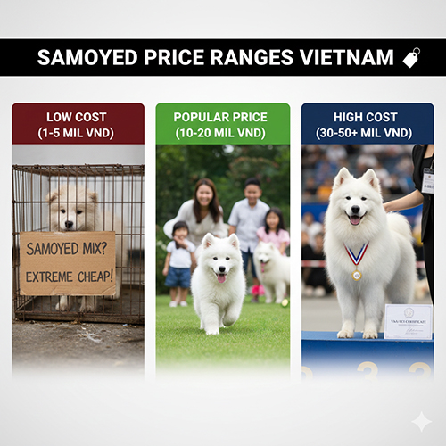 Infographic ba khung giá chó Samoyed tại Việt Nam: giá rẻ, giá phổ biến và giá cao