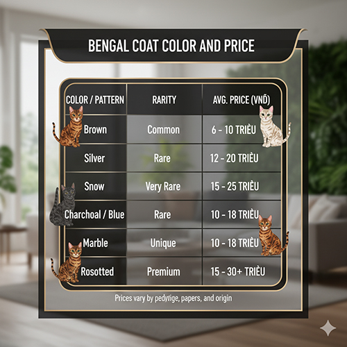 Bảng giá mèo Bengal theo màu lông và hoa văn: Brown, Silver, Snow, Charcoal, Marble, Rosetted kèm mức độ hiếm và giá trung bình.