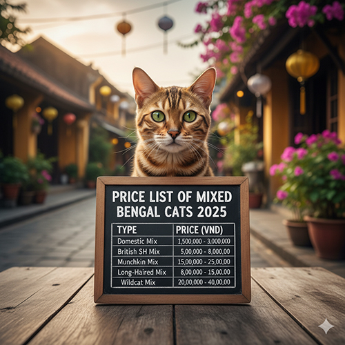 Mèo Bengal ngồi trên bàn cùng bảng giá các dòng lai phổ biến như mèo ta, Anh lông ngắn, Munchkin, lông dài và mèo rừng tại Việt Nam.