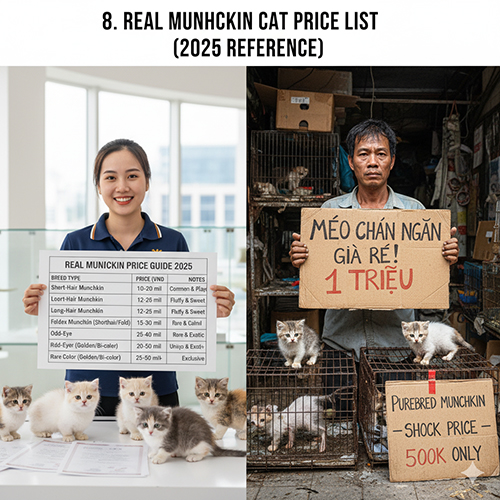 Ảnh chia đôi: bên trái nhân viên trại mèo cầm bảng giá Munchkin thật năm 2025, xung quanh là mèo con; bên phải người bán lề đường giơ biển “mèo chân ngắn giá rẻ 1 triệu”, đối lập giá chuẩn và giá sốc.