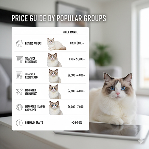 Bảng minh họa các nhóm giá mèo Ragdoll theo phân khúc phổ biến, kèm hình mèo và mức giá tham khảo cận dưới