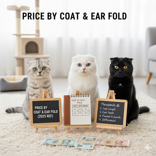 Ba mèo tai cụp Scottish Fold với bảng giá theo loại lông và độ cụp tai, minh họa các mức giá từ single đến triple fold cho lông ngắn và Highland.