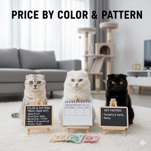 Ba mèo tai cụp Scottish Fold với bảng giá theo màu lông và hoa văn, minh họa sự chênh lệch giá giữa tabby, bicolor, silver và các màu hiếm.