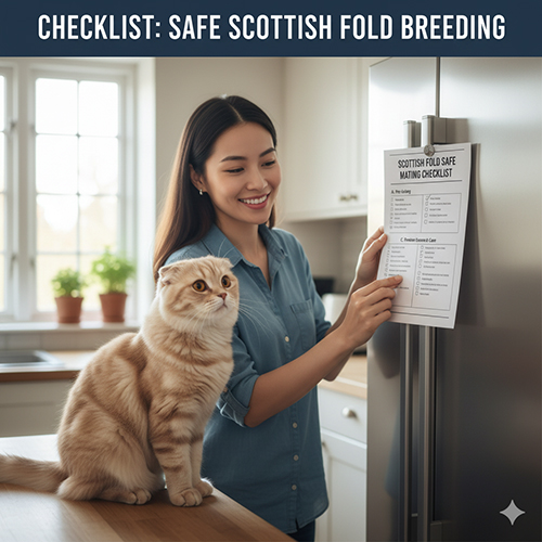Cô gái mỉm cười dán bảng checklist phối giống mèo Scottish Fold an toàn lên tủ lạnh, bên cạnh là chú mèo tai cụp đang ngồi quan sát