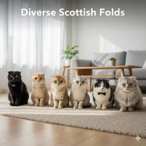 Sáu mèo Scottish Fold với nhiều màu và họa tiết khác nhau như đen, vàng, golden, silver, bicolor và tabby ngồi trên thảm trong phòng sáng.