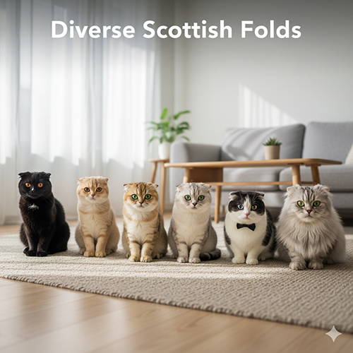 Sáu mèo Scottish Fold với nhiều màu và họa tiết khác nhau như đen, vàng, golden, silver, bicolor và tabby ngồi trên thảm trong phòng sáng.