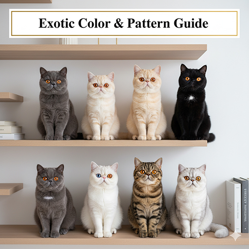 Bảng màu và hoa văn của mèo Ba Tư lông ngắn Exotic Shorthair với nhiều màu: xám, trắng, kem, đen, bicolor và tabby ngồi trên kệ.