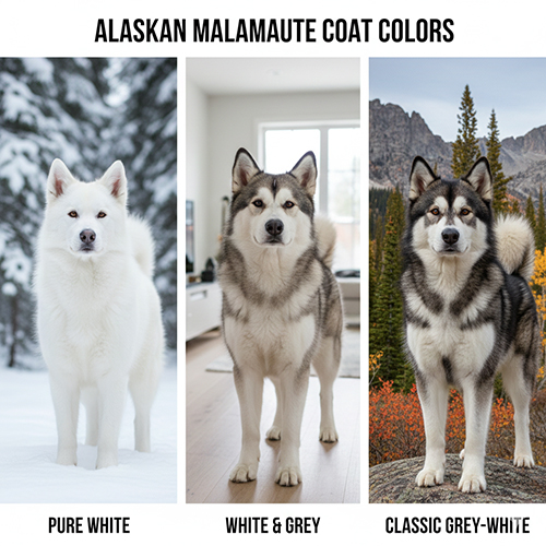 Bảng màu lông chó Alaska gồm trắng tuyết, trắng xám và xám trắng với các tone khác nhau
