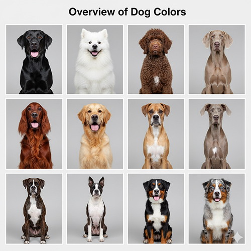 Bảng tổng hợp các màu lông chó phổ biến trình bày dạng lưới, gồm đen, trắng, nâu, vàng, đỏ, xám và các pattern như brindle, bicolor, tricolor, merle.