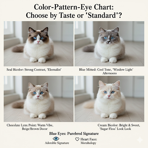 Bốn bé mèo Ragdoll với các màu và pattern khác nhau như seal bicolor, blue mitted, chocolate lynx và cream bicolor – minh họa bảng màu–pattern–mắt.