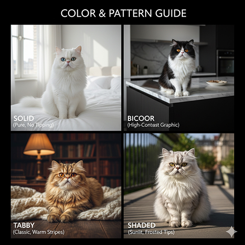 Bảng màu và pattern mèo Ba Tư gồm solid, bicolor, tabby và shaded để nhận diện nhanh và chọn màu đúng