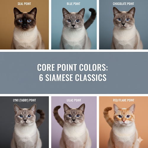 Tổng hợp sáu màu point mèo Xiêm gồm Seal, Blue, Chocolate, Lilac, Lynx và Red/Flame, nền màu trung tính hài hòa
