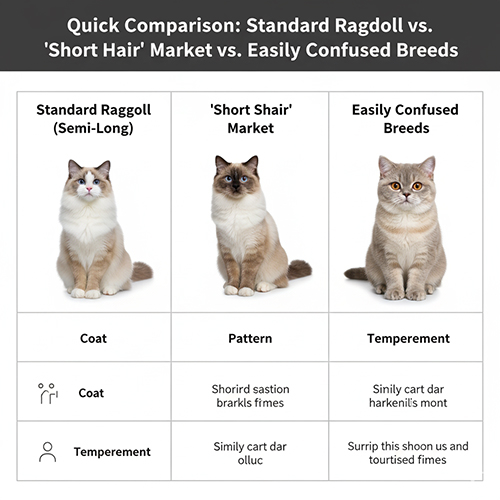 Bảng so sánh nhanh giữa Ragdoll chuẩn bán dài, Ragdoll “lông ngắn” thị trường và các giống dễ nhầm như BSH point, Siamese, Snowshoe.