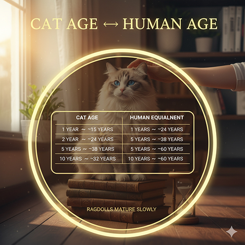 Bảng quy đổi tuổi mèo sang tuổi người với hình mèo Ragdoll ngồi trên chồng sách và đồng hồ cát.